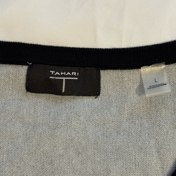 Tahari V-Neck Sweater with Geometric Stripes - Gray, Black, White - Picture 3 of 9